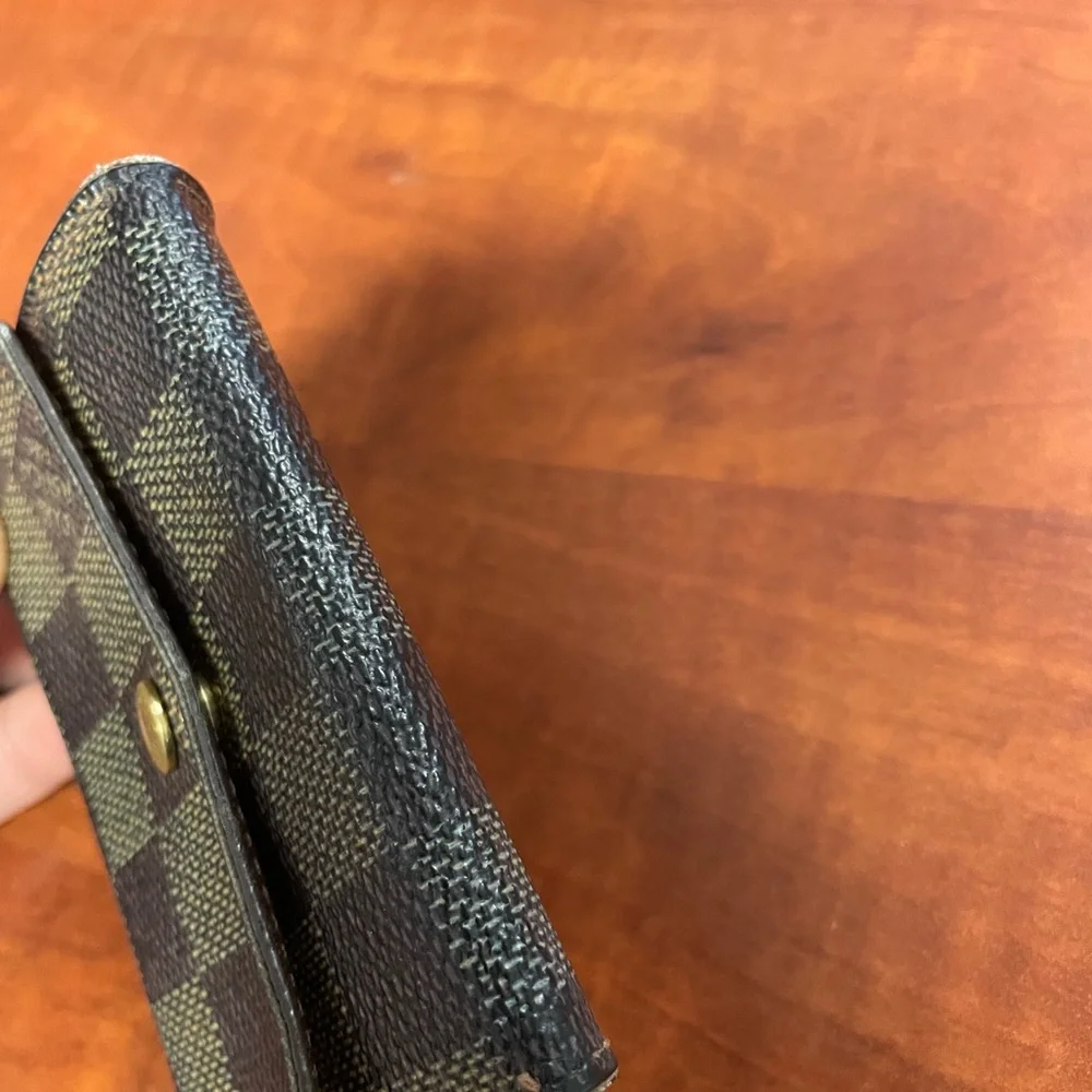 Louis Vuitton Damier Ebene Brown Checkered Compact Wallet with Gold Hardware